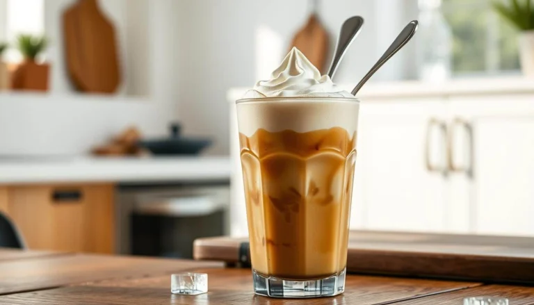 Iced Dalgona coffee in a tall glass with whipped cream and spoons on a kitchen table.