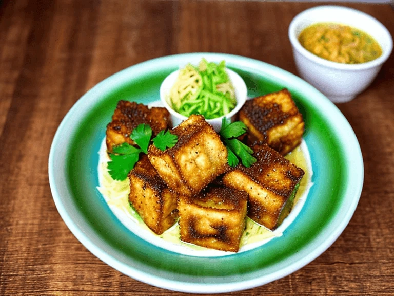 Maple Garlic Tofu cutlets and cubes with white rice and herbs.