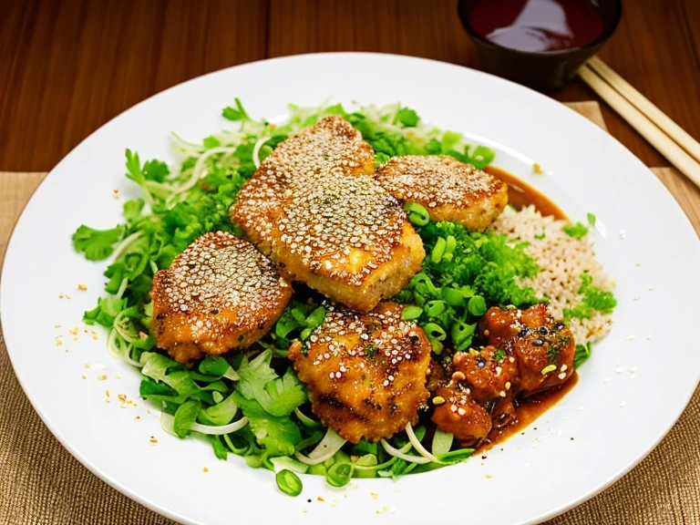 Air-fried chicken nuggets plated with creamy garlic parmesan noodles and fresh herbs.