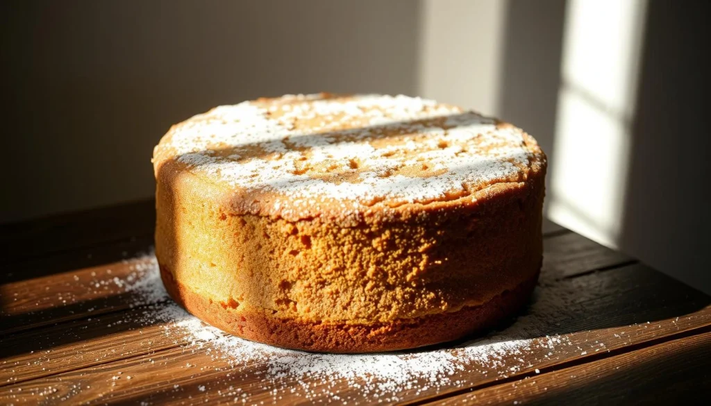 A thick, square slice of traditional Tottenham Cake with soft pink icing and a light, airy sponge, captured in bright natural lighting.