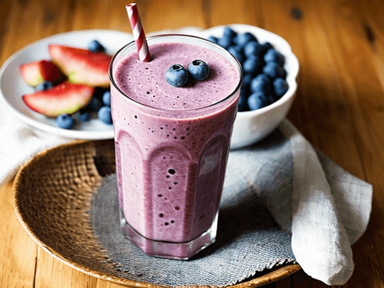 Strawberry and blueberry breakfast smoothie in a glass with berries on a wooden board.