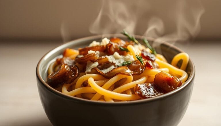 A steaming bowl of pasta topped with caramelized onions, herbs, and shaved cheese.