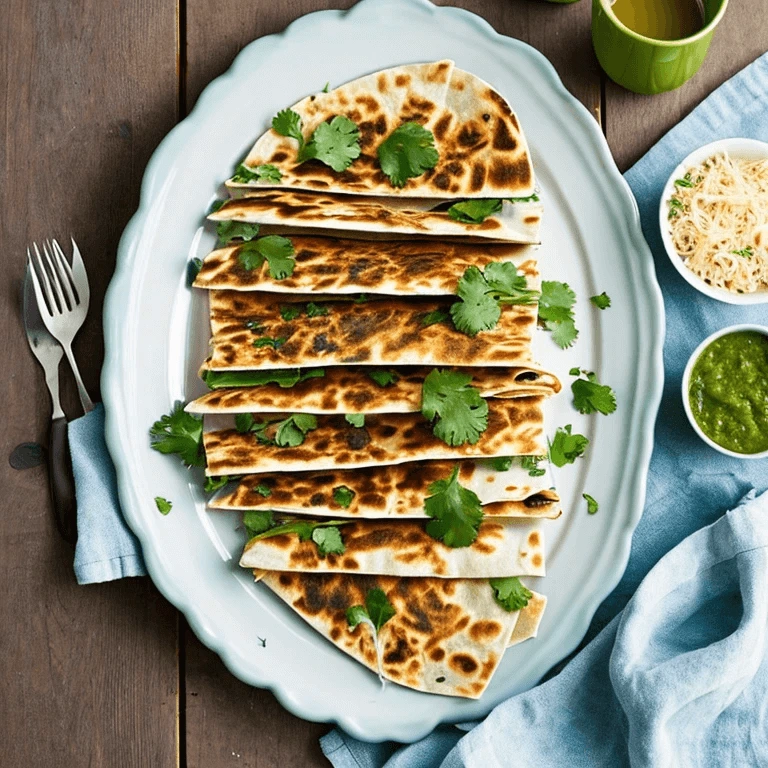 Grilled quesadillas cut into wedges, garnished with fresh cilantro, served on a white platter with dips and noodles on the side.