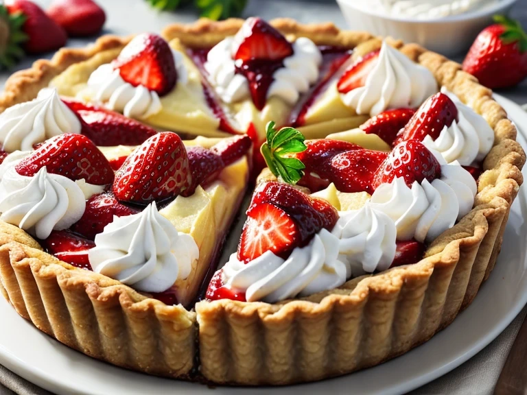 A beautifully sliced strawberry tart with a creamy filling, topped with fresh strawberries and whipped cream swirls.