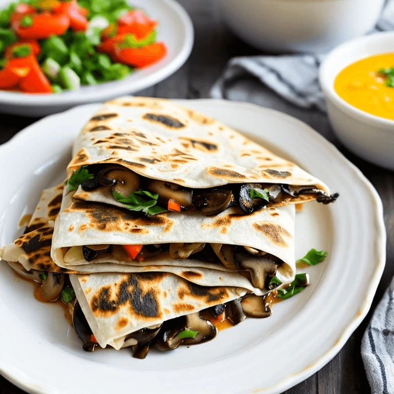 Pulled Mushroom Quesadilla slices served with green salsa and garnished with fresh herbs.