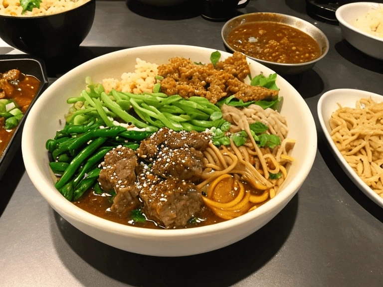 Ground beef bowl served with rice, green beans, and assorted vegetables.