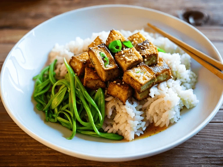 Golden Maple Garlic Tofu served with rice and fresh greens in a white dish.