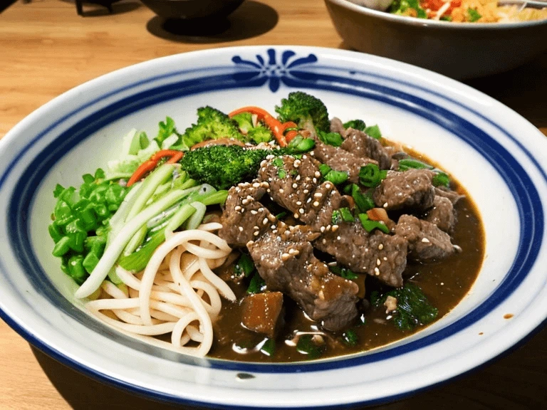 Hearty ground beef bowl with vegetables and green beans in savory sauce.