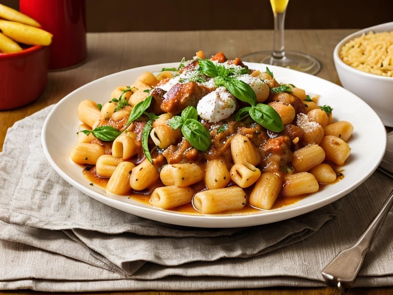 Gnocchi pasta served in tomato sauce with ricotta cheese, fresh basil leaves, and grated parmesan in a brown ceramic bowl.