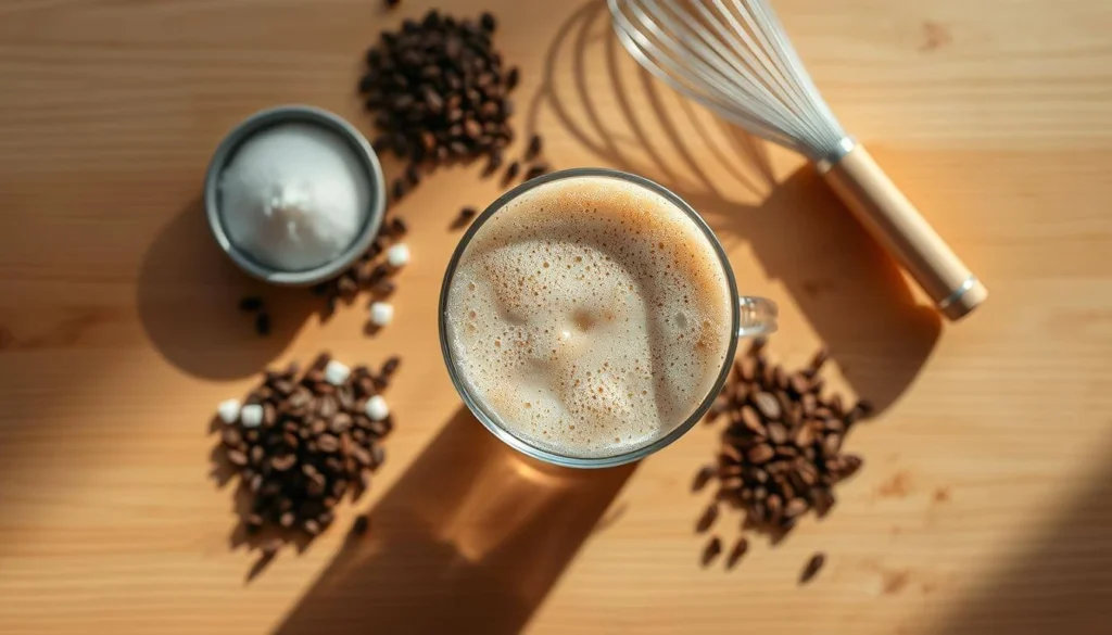 A tall glass of iced Dalgona coffee topped with whipped cream and two spoons, set on a wooden table in a bright kitchen.