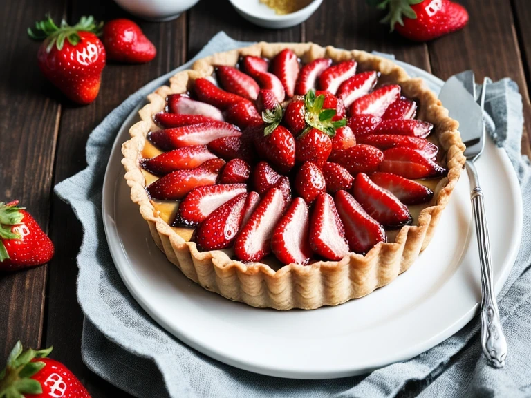 Classic strawberry tart with fresh strawberries, piped whipped cream, and a golden shortcrust pastry base.
