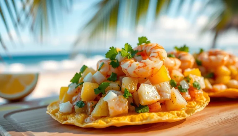 A close-up of a vibrant shrimp ceviche served in a golden, crispy tortilla bowl, topped with diced tomatoes, red onions, cilantro, and a drizzle of citrus dressing, placed on a rustic wooden table.