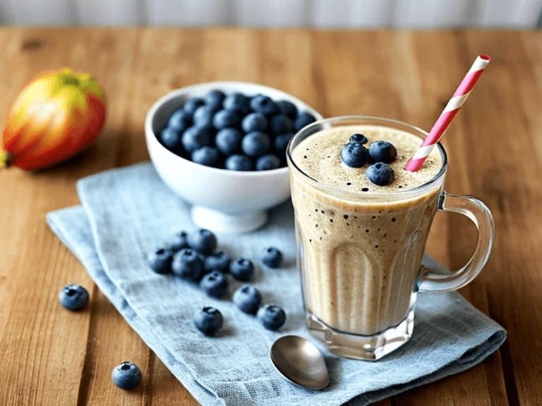 Refreshing blueberry breakfast smoothie with fresh blueberries and a purple straw in a clear glass.