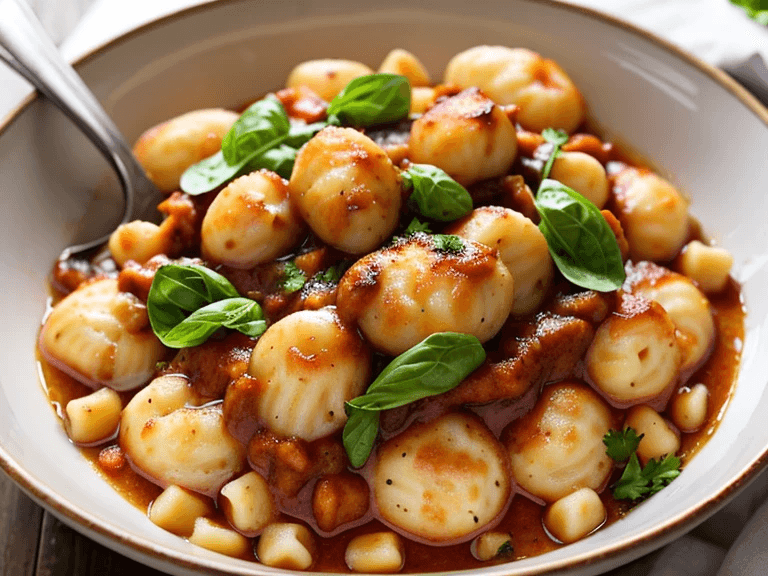 Plated Italian gnocchi pasta topped with basil, ricotta, and grated cheese.