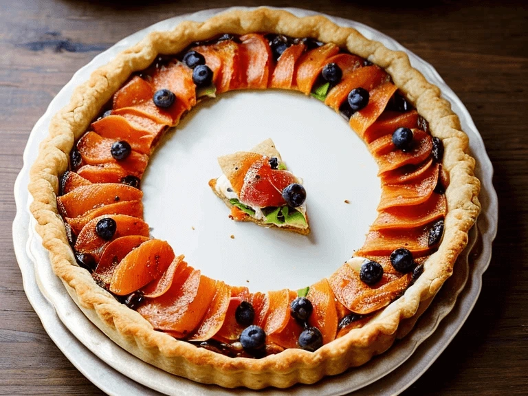 Savory bagel-inspired smoked salmon tart with garnishes