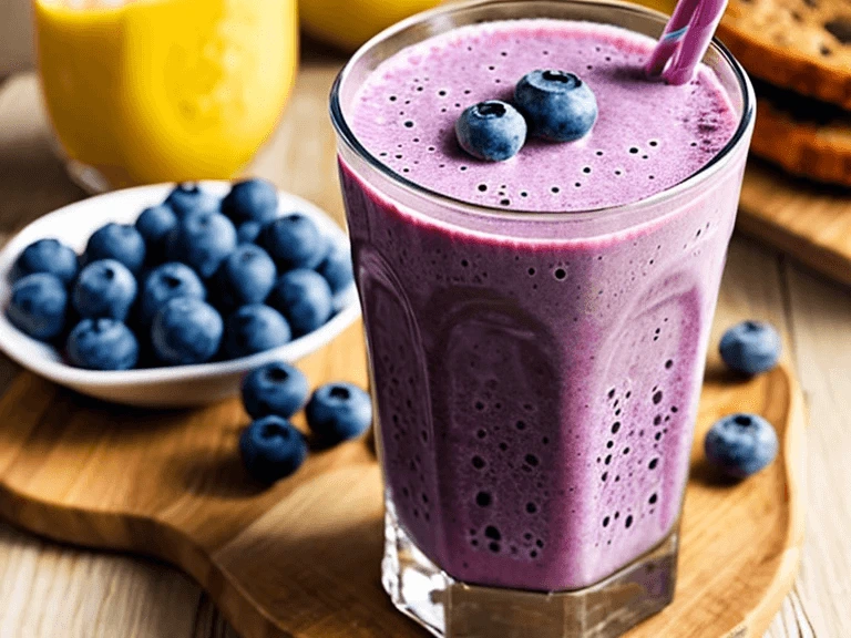 Glass of healthy blueberry breakfast smoothie with fresh blueberries on a wooden board.