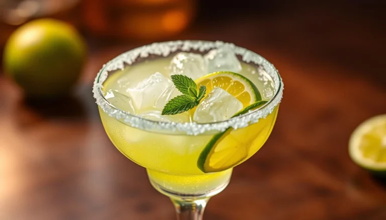 A classic frozen margarita served in a salted glass with a lime wedge on the rim.