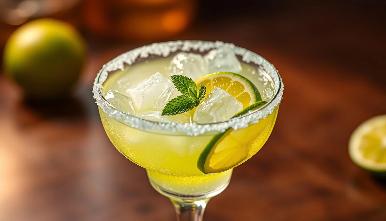 A classic frozen margarita served in a salted glass with a lime wedge on the rim.