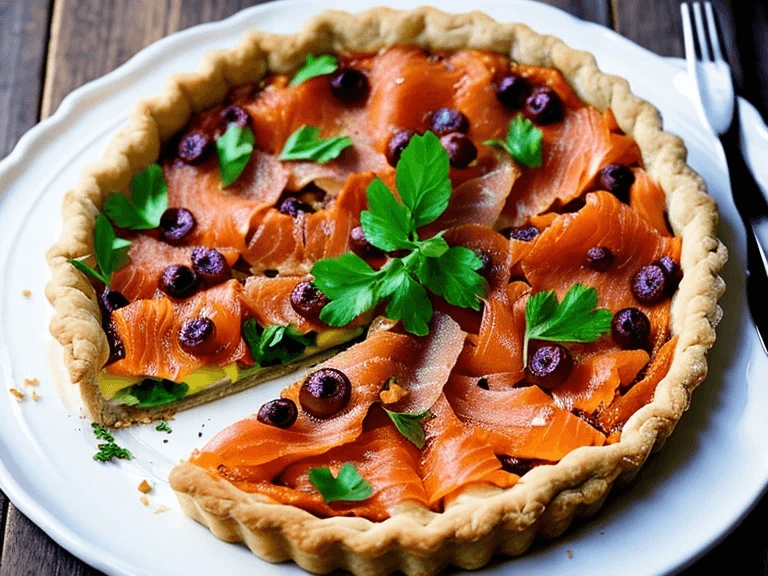 Bagel and smoked salmon tart topped with fresh herbs and capers