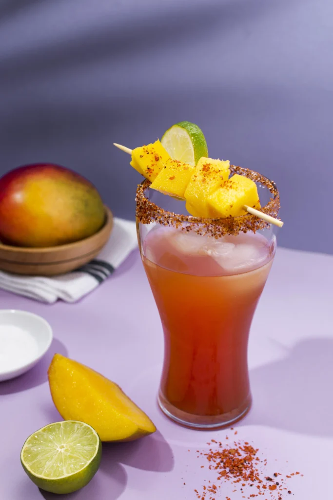 Tall glass of spicy mango caipirinha on crushed ice with green garnish and tropical flair.
