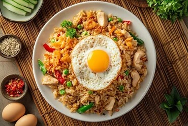 A plate of Nasi Goreng Kampung topped with a sunny-side-up egg, served with cucumber slices.