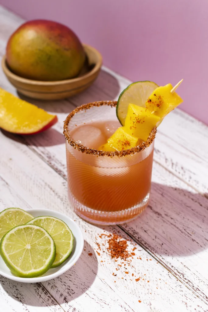 Refreshing mango caipirinha with spicy kick, served chilled in a tall glass with crushed ice and fresh garnish.
