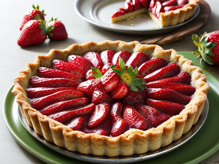 Homemade strawberry tart with creamy filling, topped with fresh strawberries and whipped cream swirls.