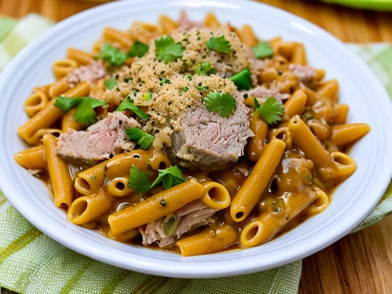 Comfort food dish of Tuna Hamburger Helper on a wooden table.