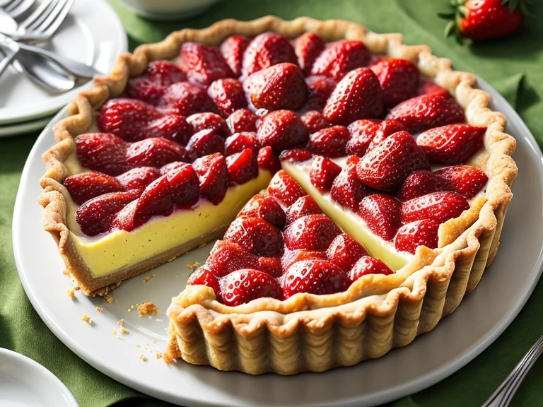 Freshly sliced strawberry tart topped with whipped cream and glazed strawberries in a golden tart shell.