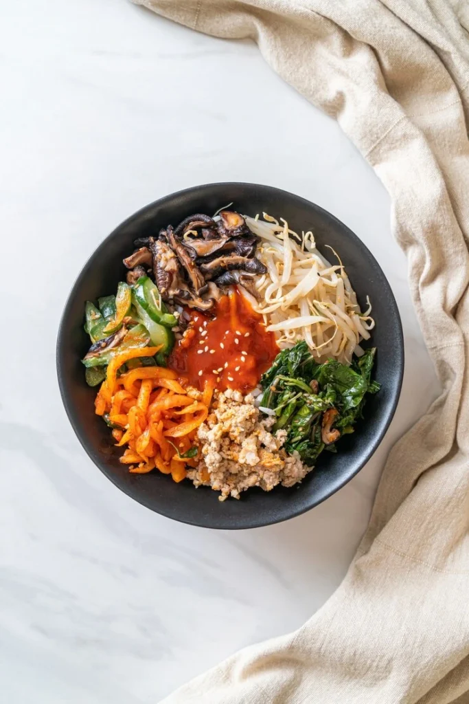 Restaurant-style Korean bibimbap with fresh toppings and banchan.