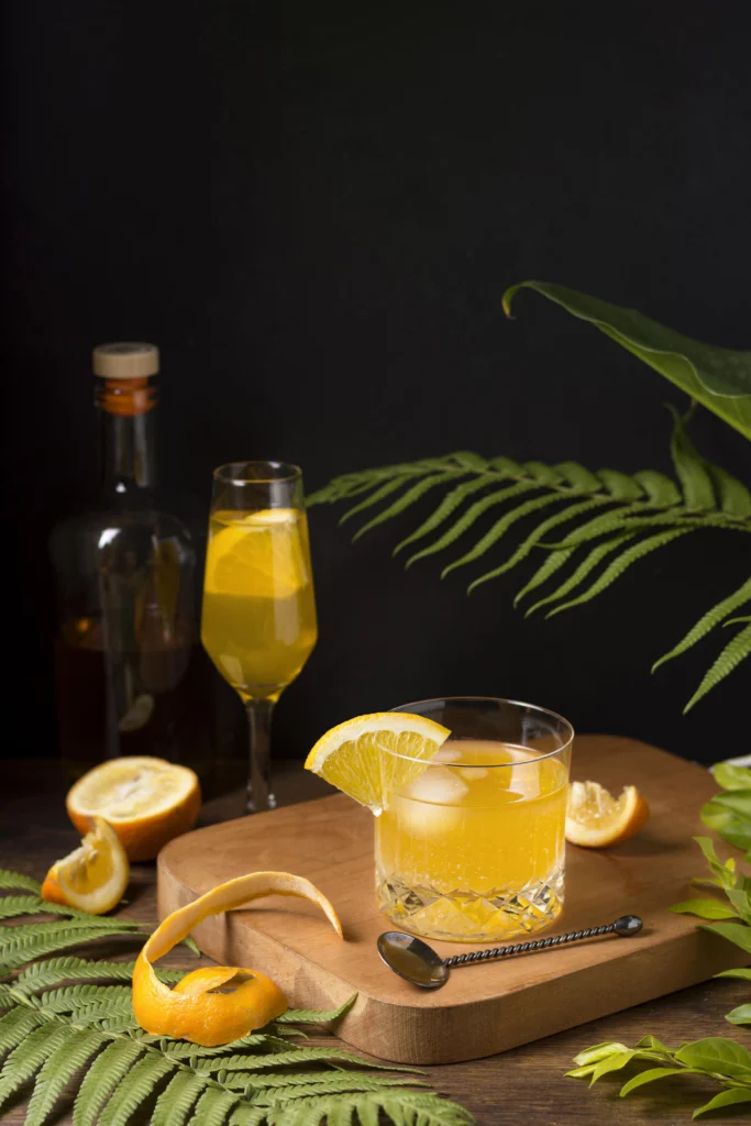 Wine glass filled with bright yellow Limoncello Spritz garnished with lemon slice and fresh mint.