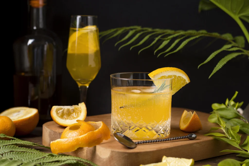 A refreshing Yuzu Gin Fizz cocktail served in a tall glass with ice, garnished with a slice of yuzu and fresh herbs.