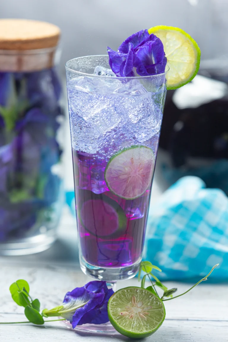 Lavender Spritz cocktail with ice, lime slices, and butterfly pea flower in a tall glass.