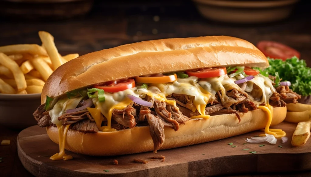 Close-up of a BBQ Pulled Pork Sandwich with grilled meat and barbecue sauce