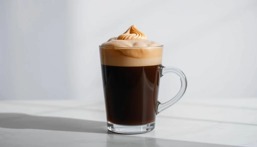 Creamy Dalgona coffee with ice and whipped topping in a sunlit kitchen.
