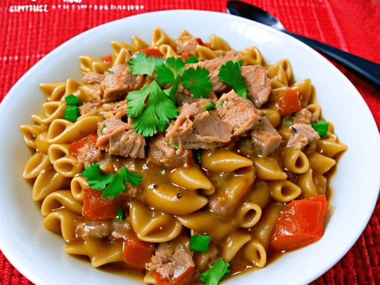 Creamy tuna hamburger helper served in a white bowl with herbs and pasta.