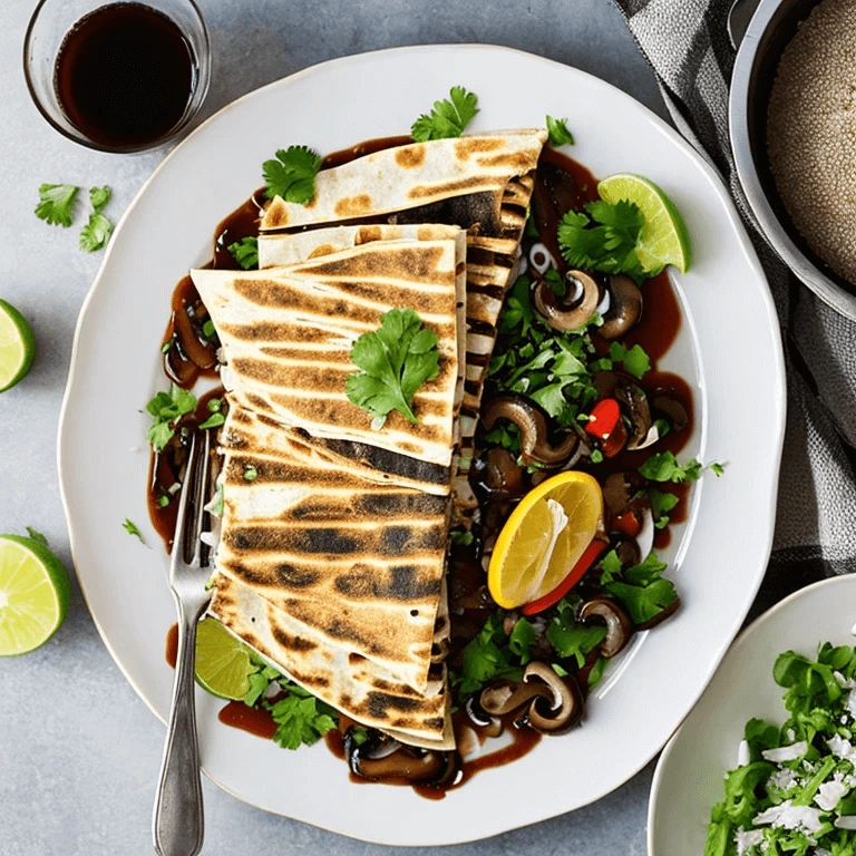 Pulled Mushroom Quesadilla wedges arranged on a serving plate with cilantro and side dishes.
