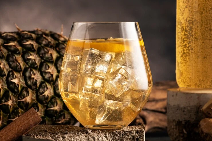 A highball glass filled with Scotch Honey Highball, ice cubes, and a lemon twist garnish.