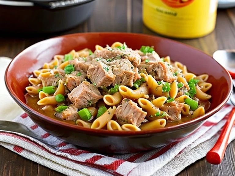 Delicious tuna pasta dinner with garnish, ready to serve.