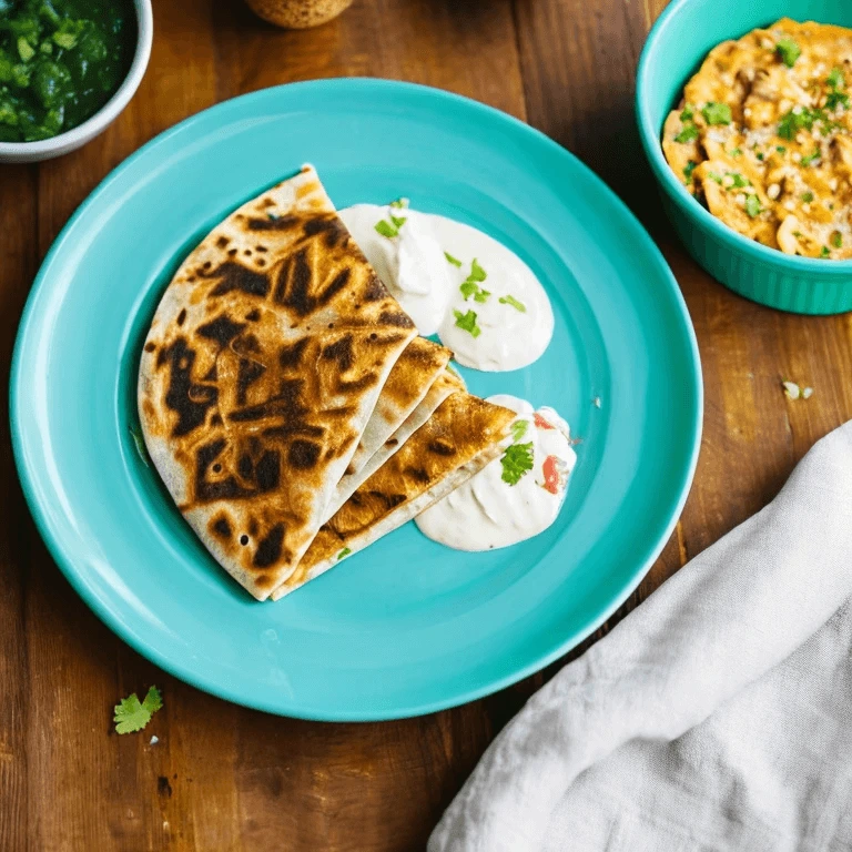 Vegetarian Pulled Mushroom Quesadilla with cilantro garnish and side condiments.
