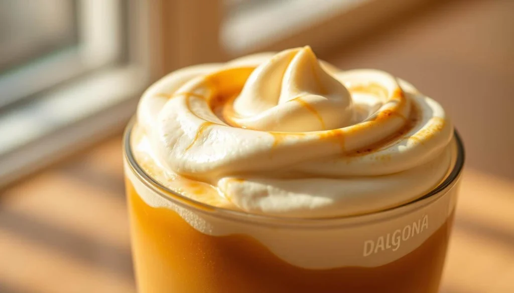 Iced whipped Dalgona coffee in a clear glass with a soft cream top.
