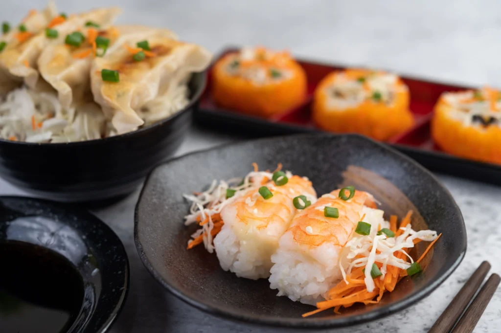 Traditional Tamago Kake Gohan with shrimp and scallion garnish
