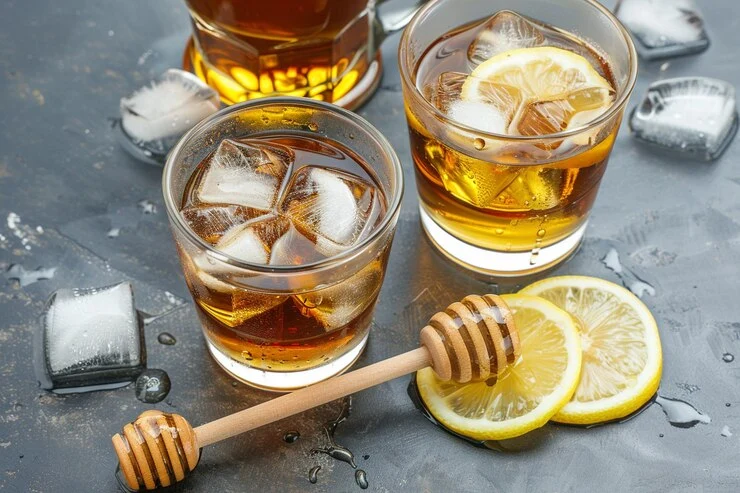 Refreshing whisky cocktail made with honey syrup and soda water on a rustic wooden surface.