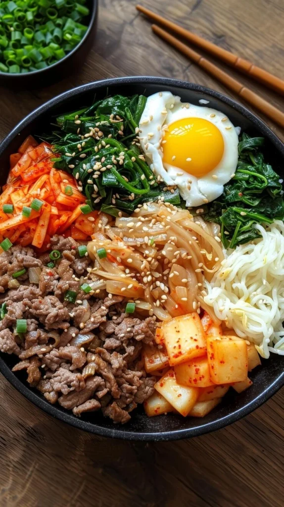Traditional Korean bibimbap with side dishes and gochujang sauce.