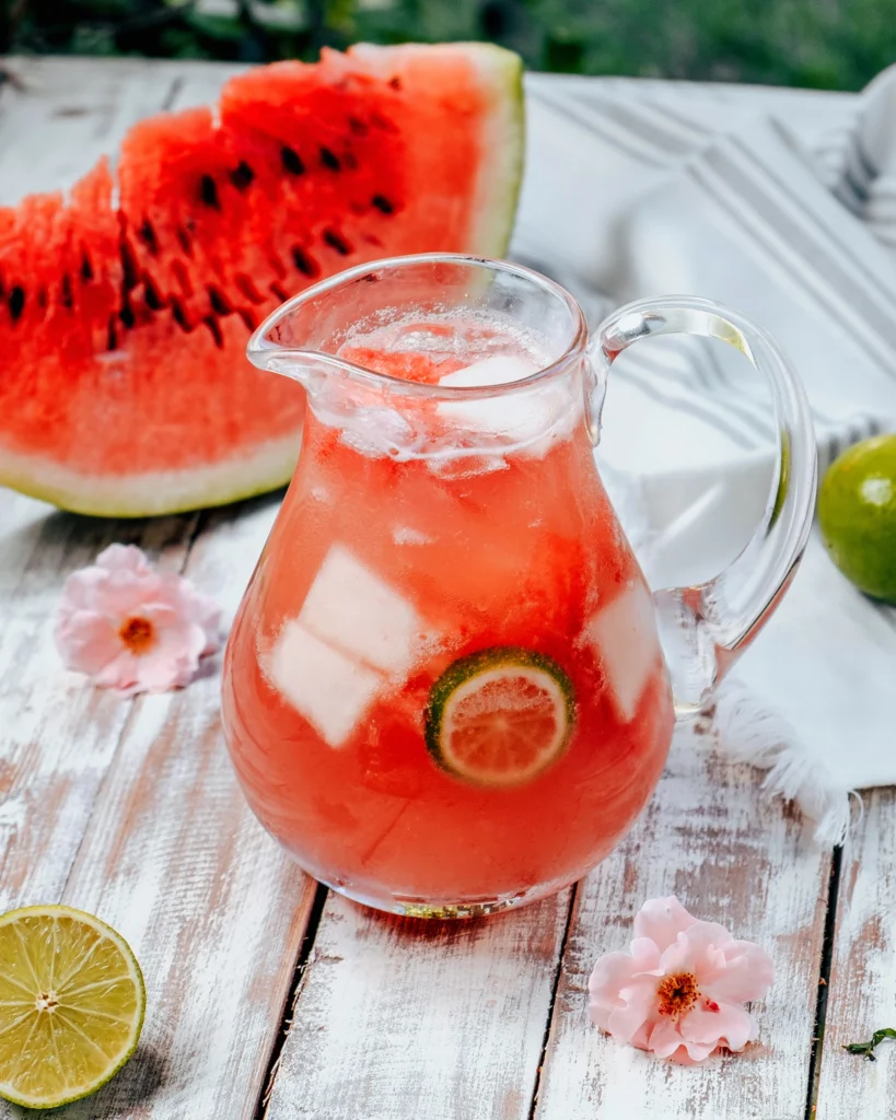 Vibrant Watermelon Mint Mojito in a crystal glass with basil and straw.