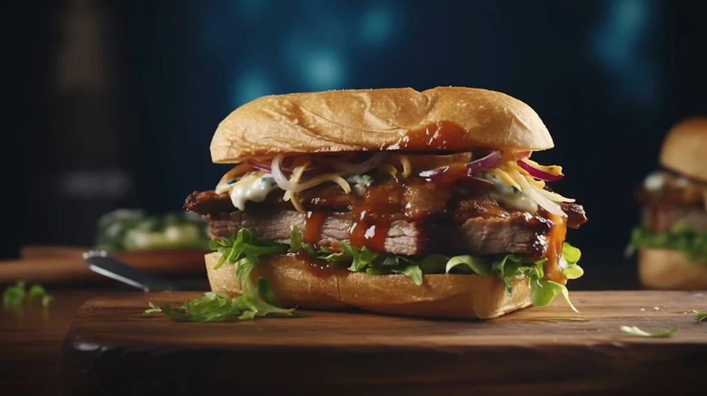 Slow-cooked BBQ Pulled Pork Sandwich on artisan bread with toppings