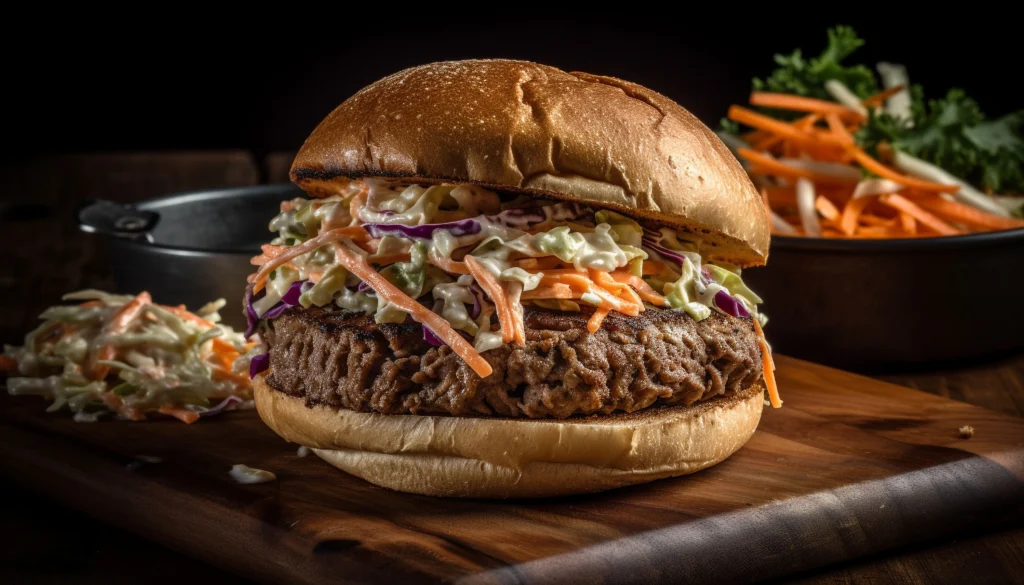 BBQ Pulled Pork Sandwich layered with arugula, tender pork slices, and creamy sauce
