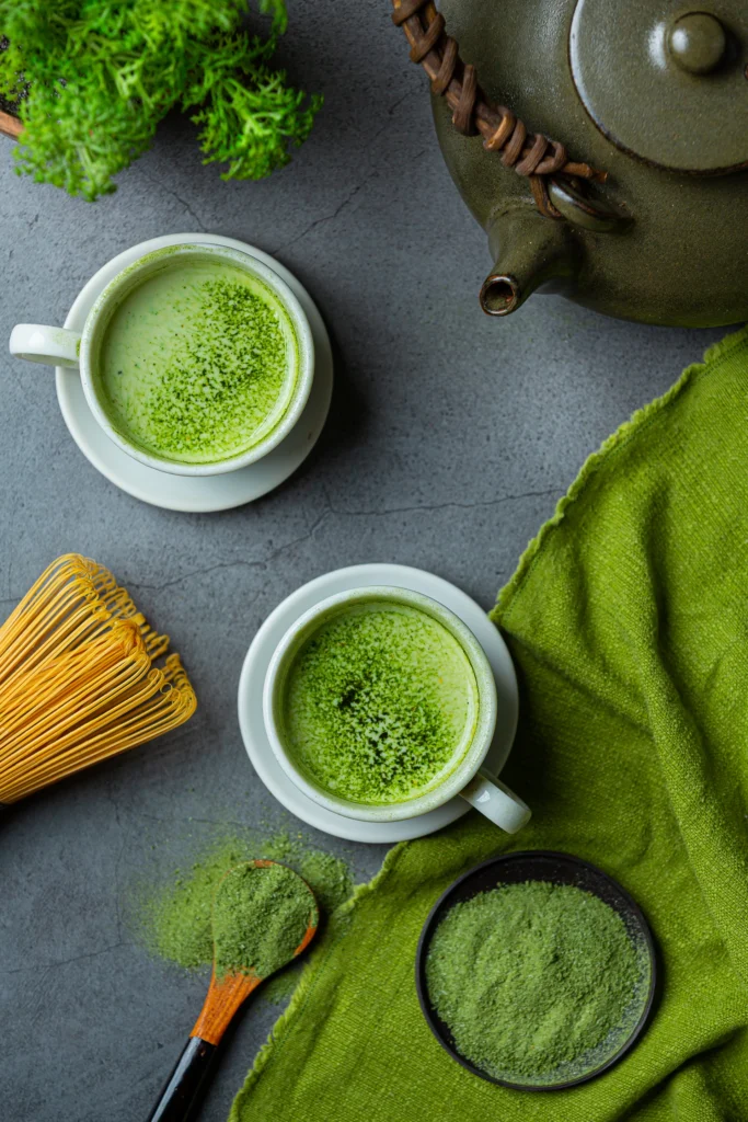 Creamy iced matcha green tea latte in a glass
