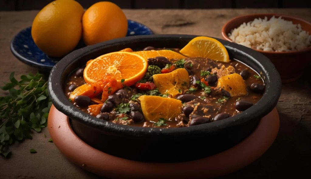 Restaurant-style Feijoada served with elegant plating and traditional sides.

