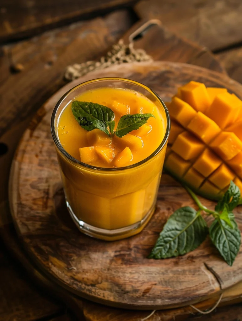 Refreshing mango lassi in a tall glass with mint garnish, placed in an outdoor tropical setting.